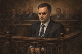 Pintura al óleo de Manuel Adorni en un banquillo de madera, con traje oscuro y corbata rayada, y varias personas difusas al fondo.