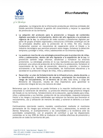 Entre las exigencias más precisas figura un plazo de un año para elaborar el documento Conpes y actualizar la línea de política pública sobre prevención del reclutamiento, uso, utilización y violencia sexual contra niñas, niños y adolescentes. - crédito Defensoría del Pueblo