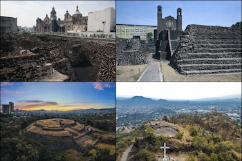 Collage de cuatro imágenes con ruinas arqueológicas, pirámides y templos coloniales en entornos urbanos y paisajes montañosos de México.