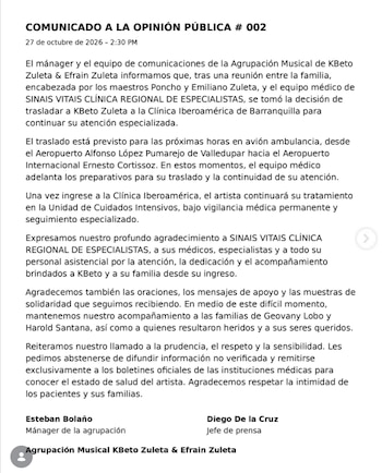 Comunicado oficial sobre la decisión familiar del traslado del artista vallenato (Kbeto Zuleta / Instagram)