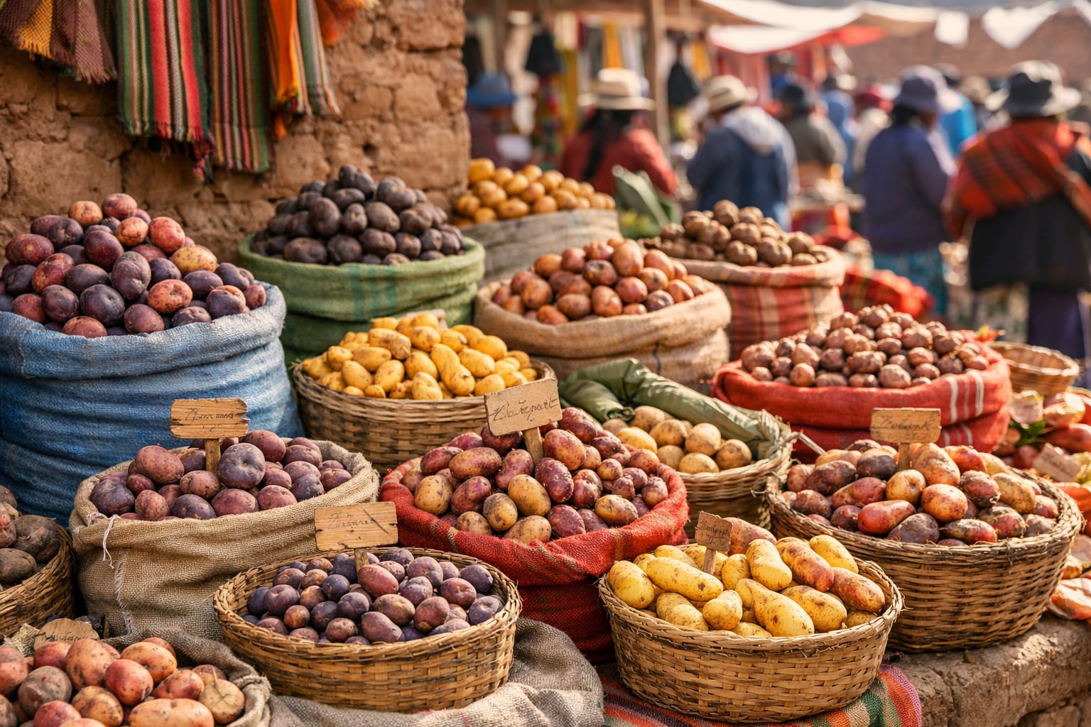 Coloridos sacos y canastas exhiben una vasta variedad de papas nativas en un bullicioso mercado rural andino, destacando la riqueza agrícola y cultural de la región. (Imagen Ilustrativa Infobae)