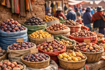 Sacos y canastas repletos de papas nativas de varios colores y formas en un mercado. Fondo con paredes de adobe y personas difuminadas.