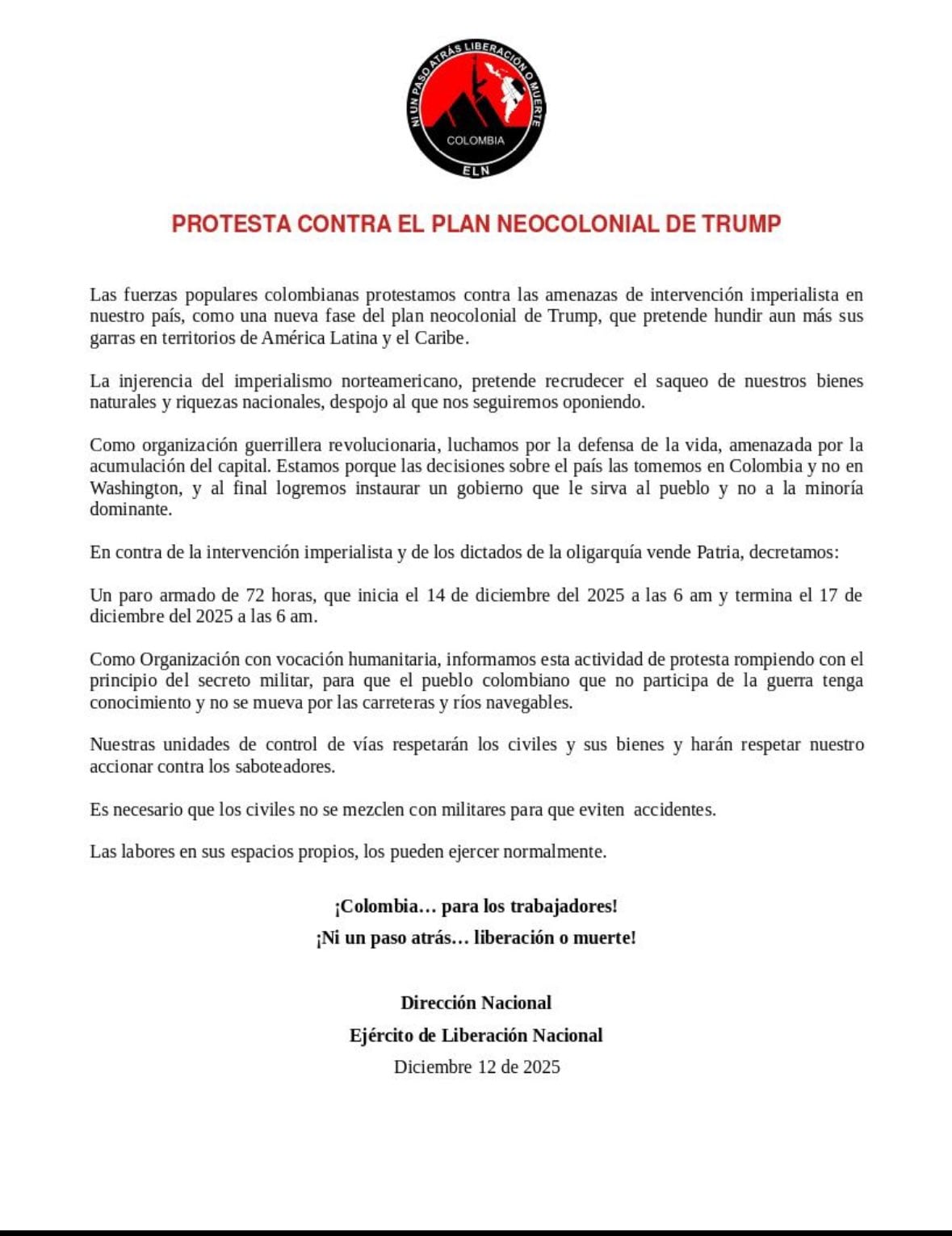 El paro armado del ELN inicia el 14 de diciembre y busca advertir a la población civil sobre sus acciones - crédito @UltimaHoraCR/X
