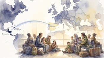 Ilustración de un grupo de migrantes sentados en una sala de espera junto a valijas y mochilas, con un mapa de Europa al fondo que une Honduras y España.