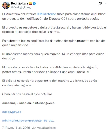 Rodrigo Lara defendió proyecto que reglamenta la protesta social en Colombia
