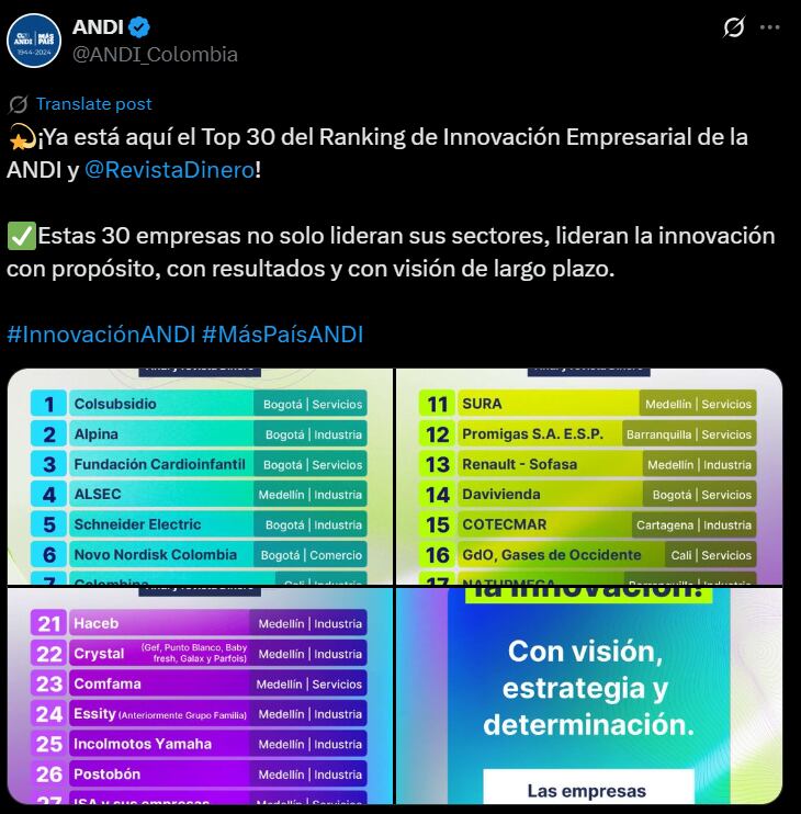 El Top 30 de empresas innovadoras en Colombia 2025. - crédito X @ANDI_Colombia
