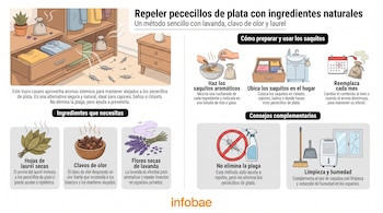 Infografía con método para repeler pececillos de plata, mostrando armario, saquitos, lavanda, clavo de olor, laurel, calendario, spray y elementos de limpieza.