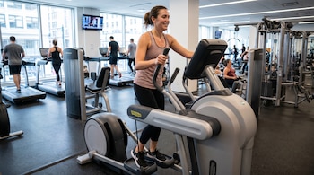 Una mujer sonriente con ropa deportiva ejerce en una elíptica gris y negra en un gimnasio moderno. Se ven otras personas y ventanales al fondo.