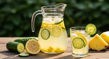 Una jarra y un vaso de agua con hielo, pepino y limón están sobre una mesa de madera, con pepinos, un limón partido y piña cerca.