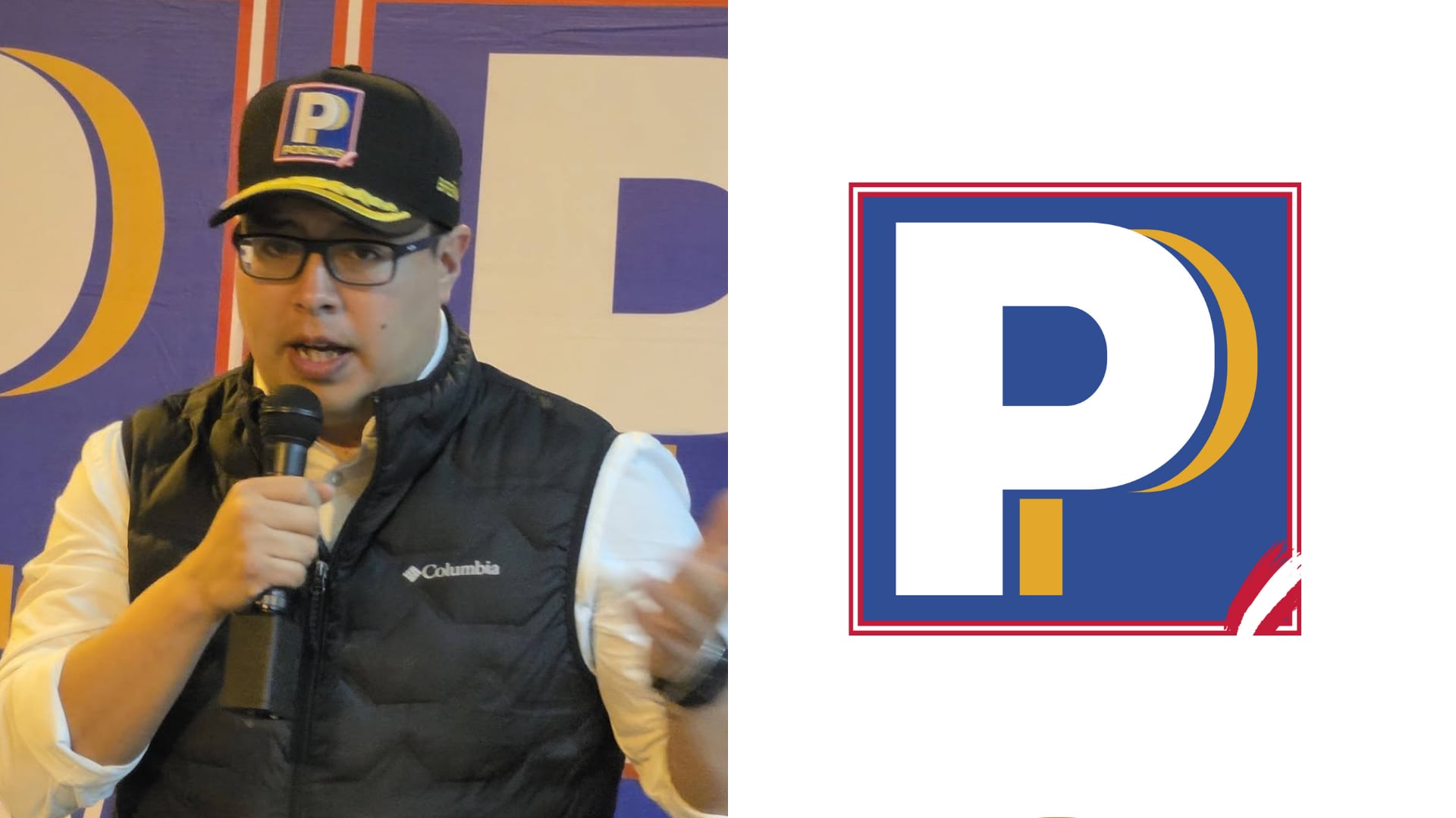 Luis Rolando Alejandro de la Mata Alva habla con un micrófono durante una actividad política del partido Podemos Perú para la alcaldía del distrito de Breña.