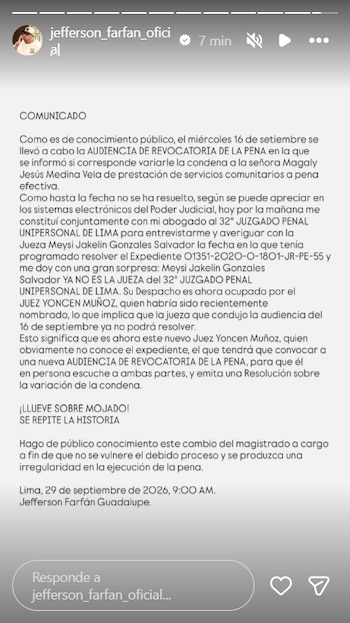 Captura de pantalla de una historia de Instagram con un comunicado de texto firmado por Jefferson Farfán Guadalupe en Lima
