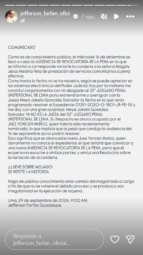 Jefferson Farfán informa mediante un comunicado en redes sociales sobre la sustitución del magistrado en el juicio contra Magaly Medina en Lima.