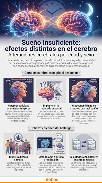 Infografía con dos cerebros luminosos, un reloj y una luna, ilustraciones de cerebros y personas de diferentes edades, gráficos, y el logo de Infobae.