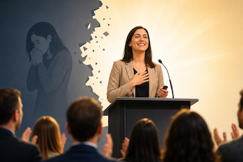Una mujer sonríe en un podio con micrófono frente a un público que aplaude, junto a una ilustración de una persona temerosa en el fondo.