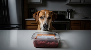 Un perro mestizo de color canela y blanco mira directamente a la cámara detrás de un recipiente de comida cruda para mascotas sobre una encimera blanca en una cocina.