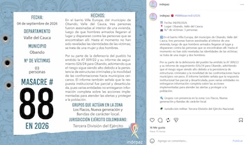 Indepaz recordó la Alerta Temprana (AT) 009/22 y el informe de seguimiento 026/24 por parte de la Defensoría del Pueblo en la que se advirtió la grave situación en Obando - crédito @indepaz/IG