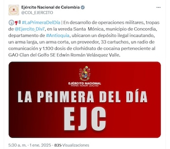 El operativo se desarrolló en la Vereda Santa Mónica, del municipio de Concordia, Antioquia - crédito @COL_EJERCITO/X