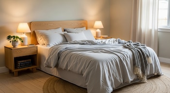 Un dormitorio tranquilo con cama hecha con ropa de cama de lino gris claro, cabecero y mesitas de noche de madera clara, lámparas encendidas, planta y alfombra de yute.