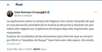 Cielo Rusinque dice que las revelaciones sobre Pegasus deja más dudas que respuestas - crédito @cielo_rusinque