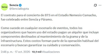El consorcio administrador aclaró que el contrato para los espectáculos de BTS se firmó con la productora Páramo, y que los contratos habituales de alquiler del recinto incluyen la conservación del campo y de la infraestructura - crédito @SenciaBogota/X