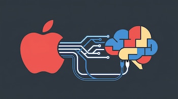 Ilustración plana de una manzana roja (Apple) conectada por circuitos a un cerebro digital con secciones roja, azul y amarilla, sobre un fondo gris oscuro.