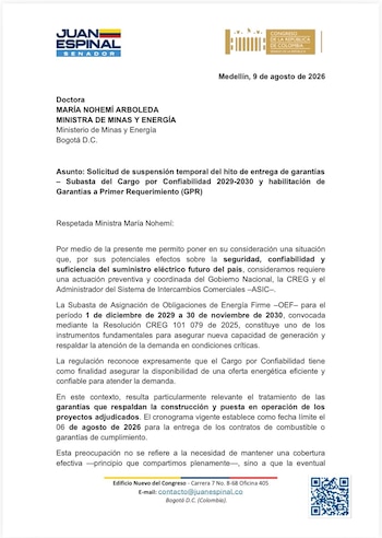 Juan Espinal, senador, dice que "se hace necesario generar una prórroga para varias empresas que habían solicitado un tiempo adicional para presentar las garantías financieras" - crédito @Juan_EspinalR/X