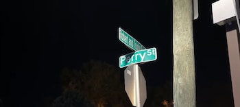 Carteles verdes de señalización vial con las inscripciones Perry St y Robert and Trudie Perkins fijados a un poste metálico durante la noche