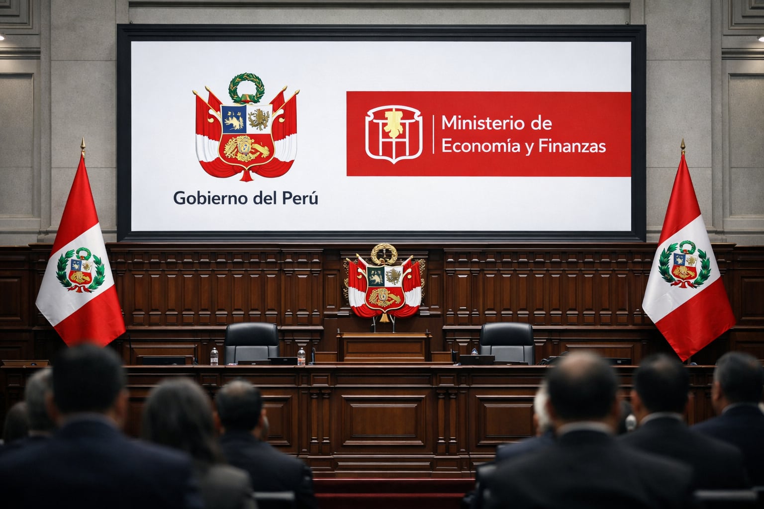 El hemiciclo del Congreso de Perú muestra el estrado principal con el escudo nacional y una pantalla grande que exhibe los logos del Gobierno del Perú y el Ministerio de Economía y Finanzas. (Imagen Ilustrativa Infobae)