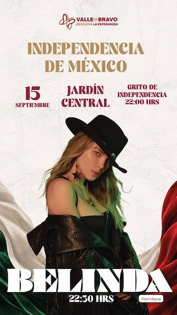 Cartel promocional con la cantante Belinda con sombrero negro sobre un fondo blanco con telas verde, blanca y roja y textos informativos