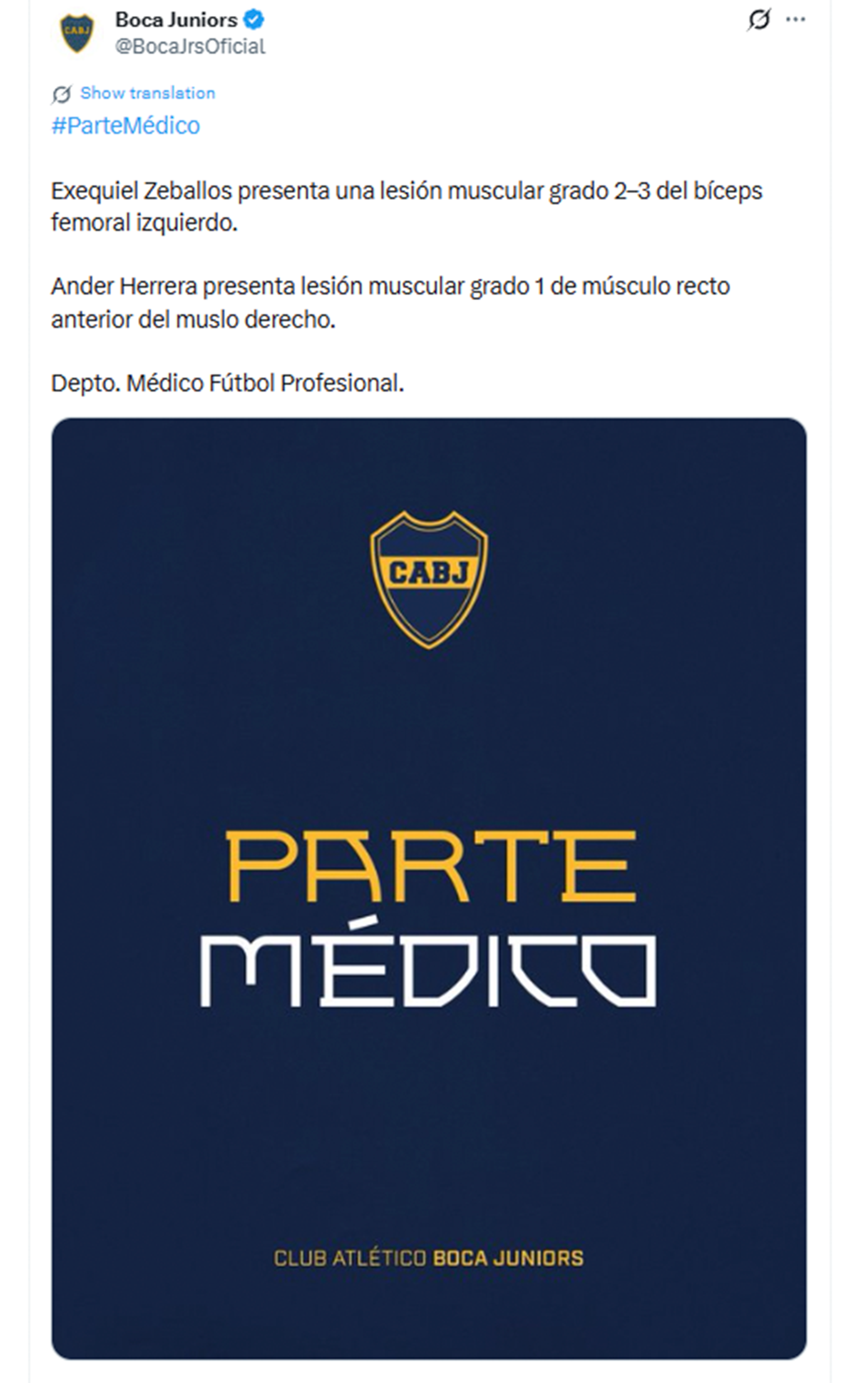 El parte médico del Xeneize (X: @BocaJrsOficial) (Imagen Ilustrativa Infobae)