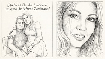 Dibujo a lápiz en blanco y negro con dos paneles. El izquierdo muestra a Claudia Almenara junto a un hombre, el derecho es un primer plano de su rostro sonriente.