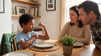 Un niño flexiona su brazo sentado a la mesa del comedor, con una mujer y un hombre al frente, rodeados de platos, una planta, estanterías con objetos.