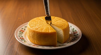 Un queso redondo de color amarillo claro con una porción cortada, mostrando el interior blanco, sobre un plato floral en una mesa de madera oscura con un cuchillo insertado.