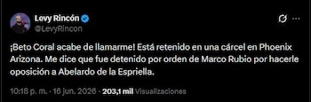 Publicaicon del activista Levy Rincón que afirma haber contactado por llamada con Beto Coral - crédito Levy Rincón/X