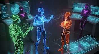 Cuatro figuras humanoides luminosas de colores azul, naranja, verde y morado; varias pantallas holográficas con gráficos y datos en un cuarto oscuro.