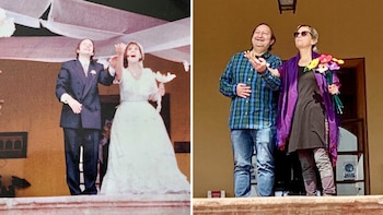 Fotografía dividida de una pareja. A la izquierda, la pareja joven vestida de boda. A la derecha, la misma pareja mayor con ropa informal