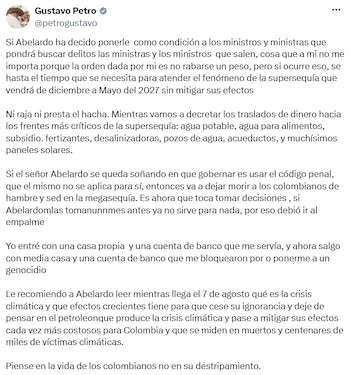 Gustavo Petro defendió la reasignación de $4 billones y cuestionó la postura del Gobierno electo. - crédito @petrogustavo/X