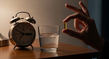 Una mano sostiene una cápsula de vitamina D amarilla sobre una mesa de noche de madera. Al fondo se ven un vaso de agua y un reloj despertador dorado.