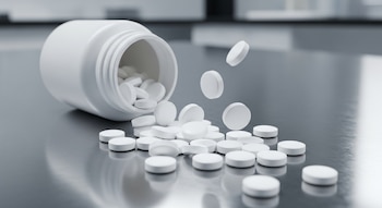 Un frasco blanco de medicamento volcado sobre una mesa metálica, con múltiples tabletas redondas blancas cayendo y desparramadas alrededor.