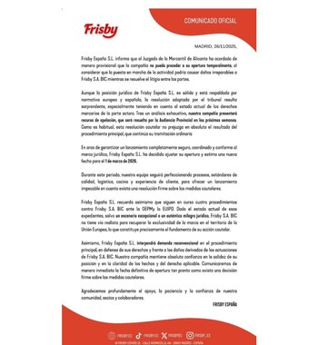 Frisby España pospone su apertura