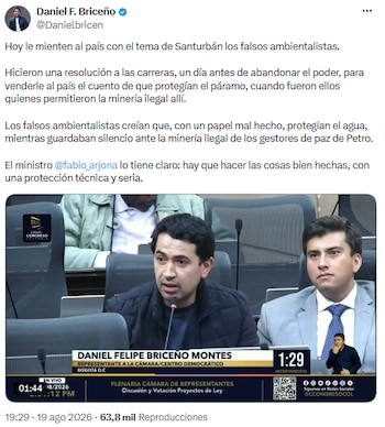 Daniel Briceño acusa “falso ambientalismo” en la polémica por la protección de Santurbán - crédito @Danielbricen/X