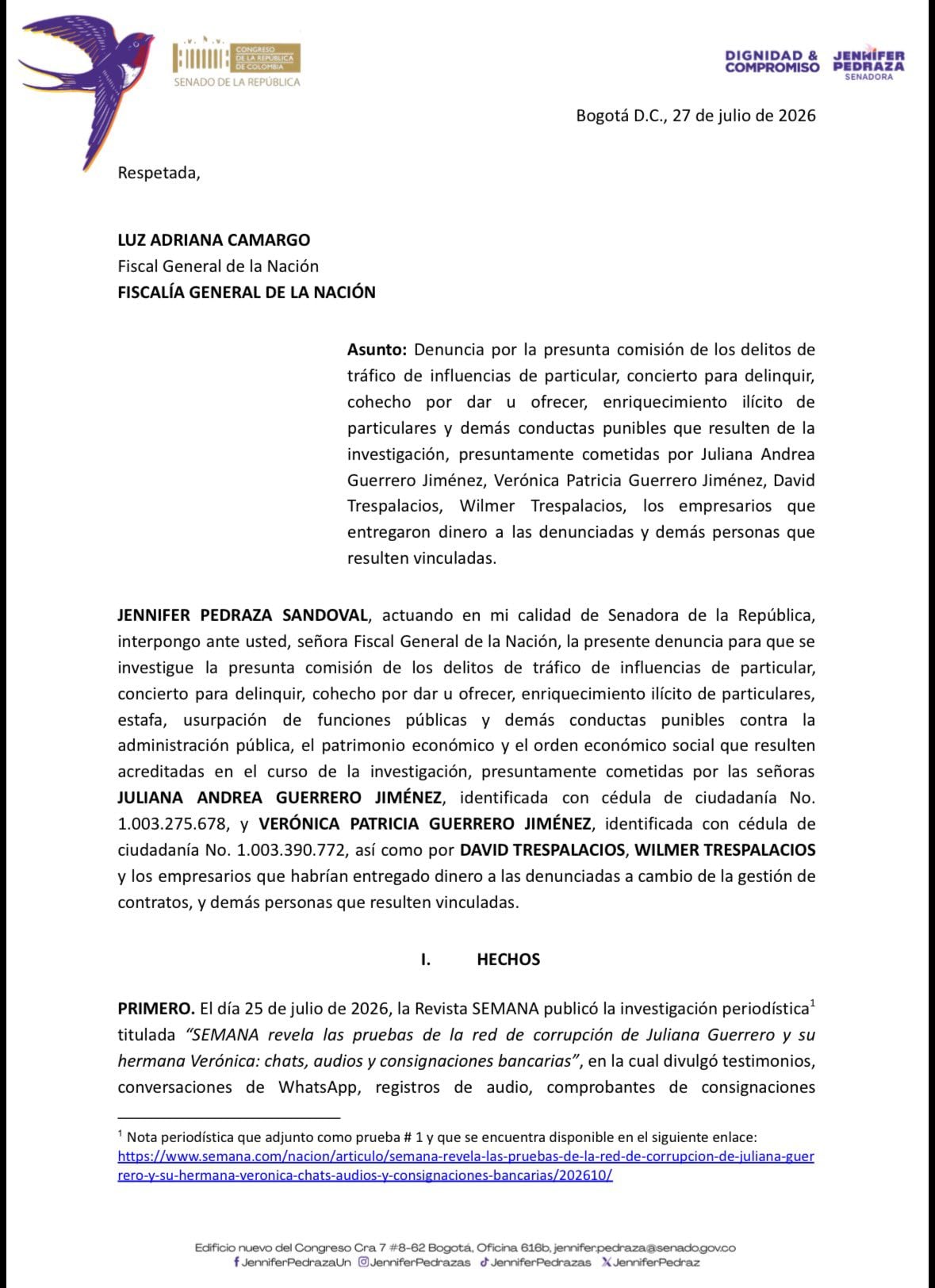 Los delitos denunciados por Jeenifer Pedraza son tráfico de influencias de particular, concierto para delinquir, cohecho por dar u ofrecer y enriquecimiento ilícito de particulares - crédito @JenniferPedraz/X