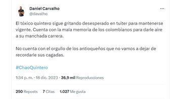 Daniel Carvalho trató de "toxico" a Daniel Quintero y dijo que sus ultimas publicaciones eran un acto para no perder vigencia - crédito @davalho