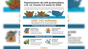 Infografía que ilustra el crecimiento de las exportaciones de café guatemalteco a Estados Unidos con iconos de granos de café, un buque y el mapa de EE. UU.