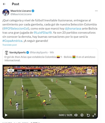 Mauricio Lizcano hizo una publicación del partido de la selección Colombia contra Bolivia - crédito @MauricioLizcano