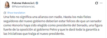 Paloma Valencia también aseguró que Honorio Henríquez actuará conforme a las iniciativas del nuevo gobierno - crédito @PalomaValenciaL/X