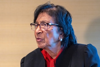 La ex jueza de la Corte Penal Internacional Navi Pillay, ganadora del premio Nobel de la Paz 2026, en La Haya, Holanda. (AP Foto/Patrick Post)