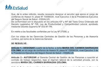 Logotipo de EsSalud y fragmento de una resolución administrativa con texto mecanografiado y un párrafo resaltado en color celeste