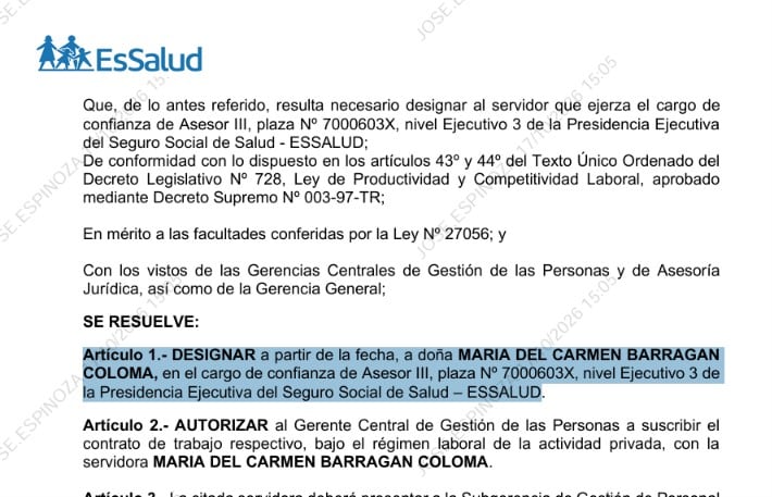 Un documento oficial de EsSalud en Perú formaliza la designación de María del Carmen Barragán Coloma en el cargo de confianza de asesora de la Presidencia Ejecutiva.