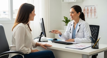 Una paciente y una ginecóloga charlan en un consultorio médico. La doctora, con bata blanca, explica algo mientras la paciente escucha atenta.